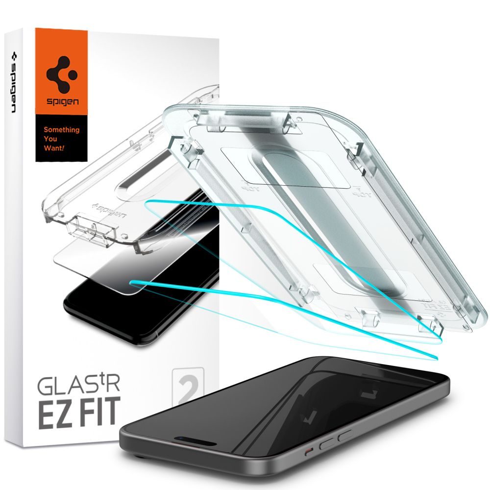 Spigen Glass.TR EZFit Z Aplikatorjem, 2 Kosa, Zaščitno Kaljeno Steklo, IPhone 15