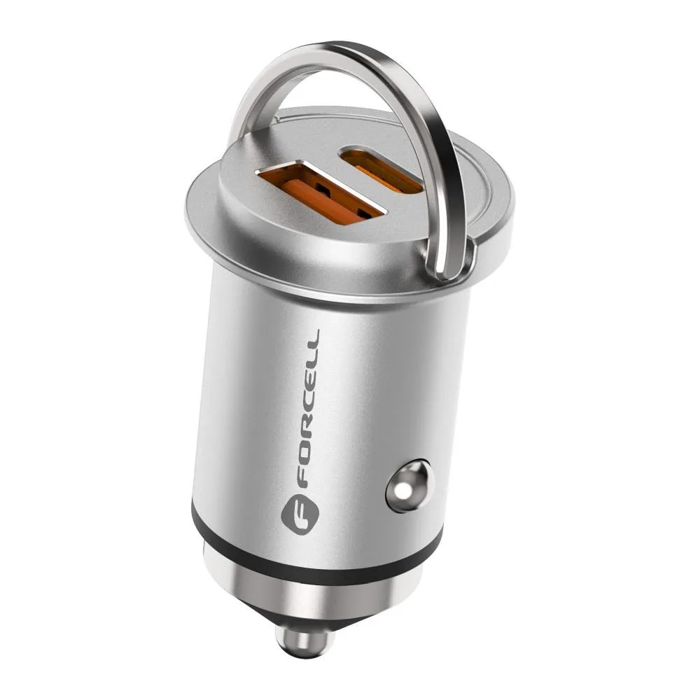 Forcell F-Energy Mini autós töltő USB-C + USB A, QC 3.0 30W, ezüst