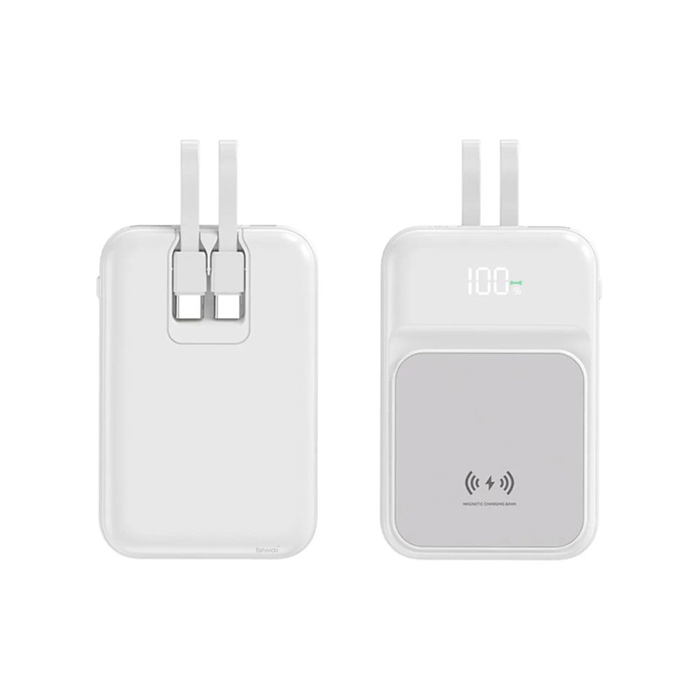 Baterie externă wireless cu 2 cabluri integrate, 5000mAh, USB-C + Lightning, 15W, albă