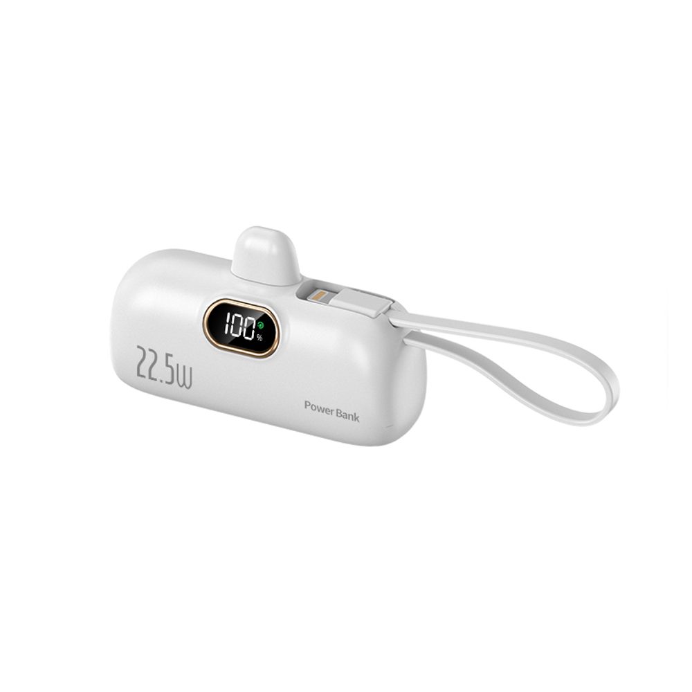 Powerbank PlugOn USB.C Lightning kábellel, LED kijelzővel, 5000 mAh, PD 22.5W, QC3.0, fehér
