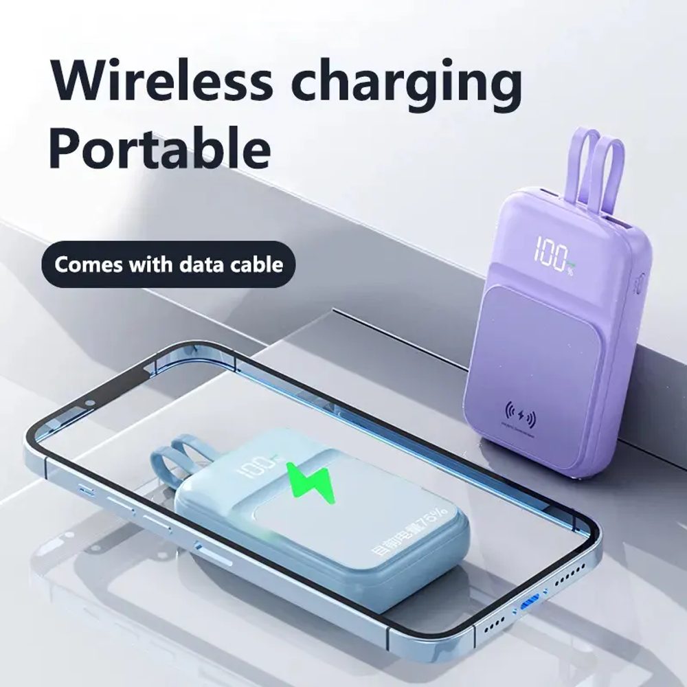 Bezdrôtová Powerbanka s 2 vstavanými káblami, 10000mAh, USB-C + Lightning, 15W, fialová