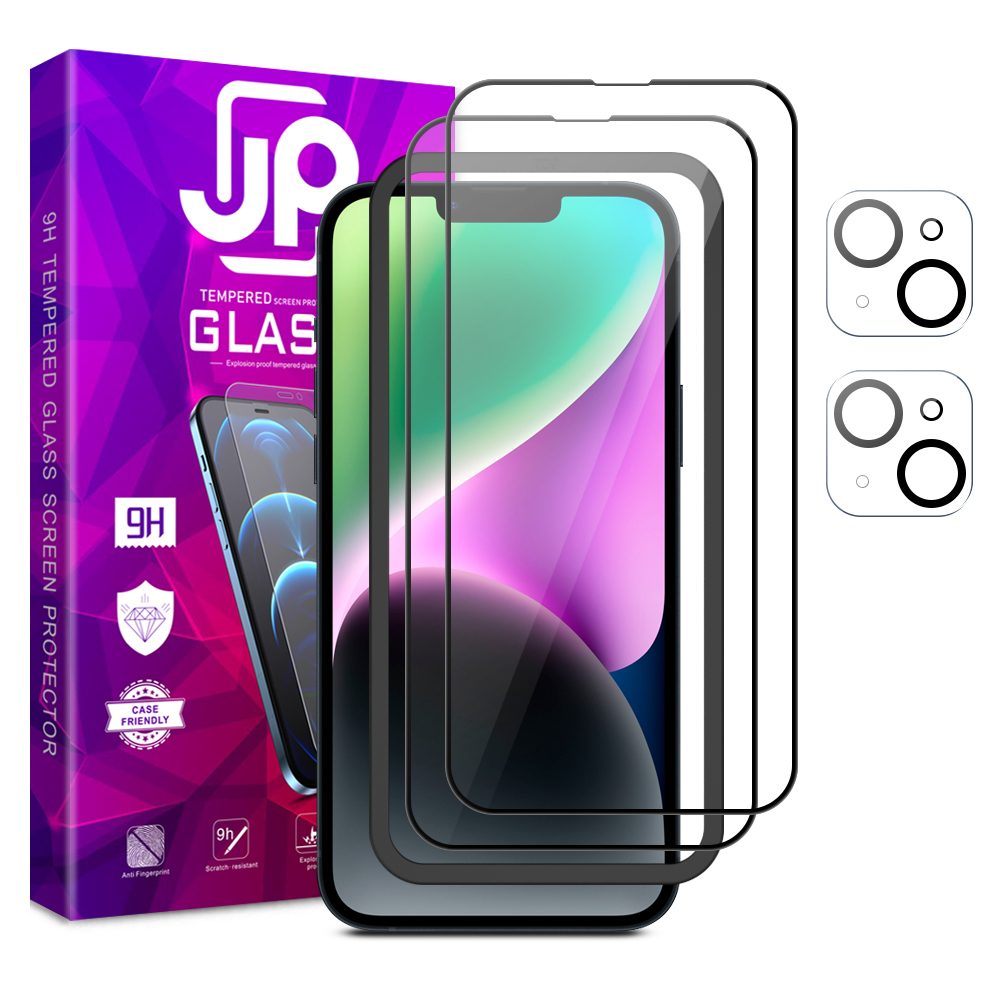 Levně JP Full Pack Tvrzených skel, 2x 3D sklo s aplikátorem + 2x sklo na čočku, iPhone 14