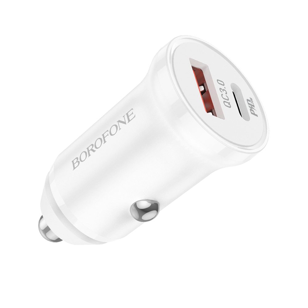 Borofone BZ18A Autós Adapter - USB + USB-C - PD 20W QC 3.0 18W, Fehér