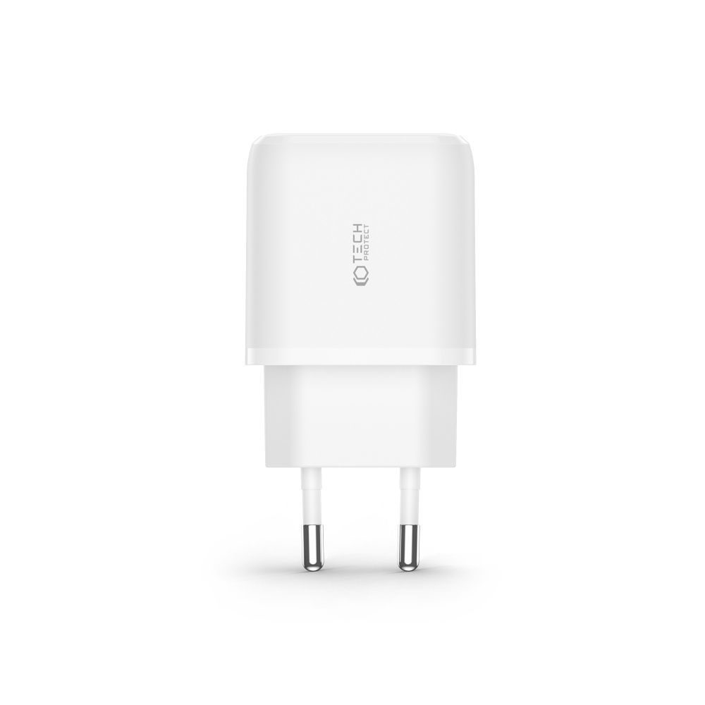 Tech-Protect C20W 2 Portos PD20W / QC3.0 Hálózati Töltő + USB-C Kábel, Fehér