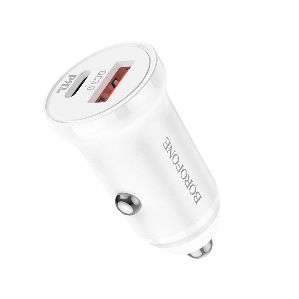 Borofone BZ18A Auto Adapter - USB + USB-C - PD 20W QC 3.0 18W, Bijeli