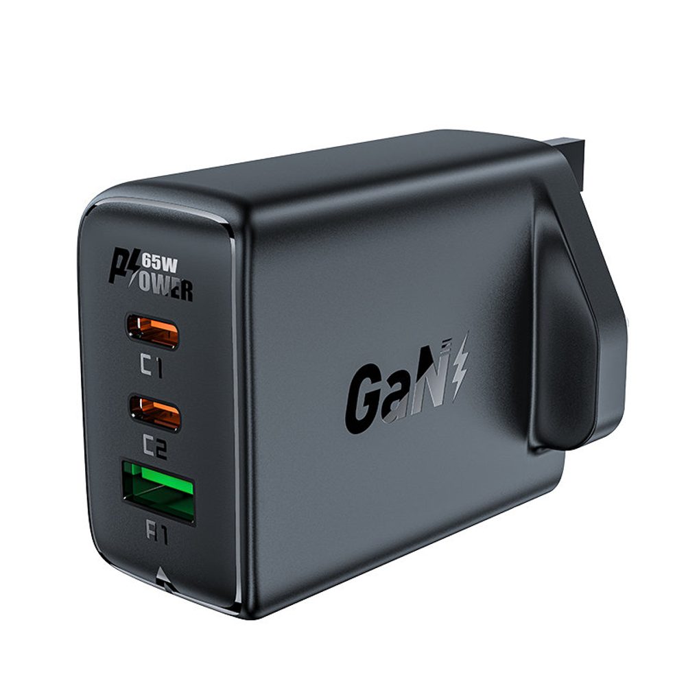 Acefast Polnilnik GaN 65 W 3 Vrata (1x USB, 2x USB-C PD) UK Vtič, črn (A44)