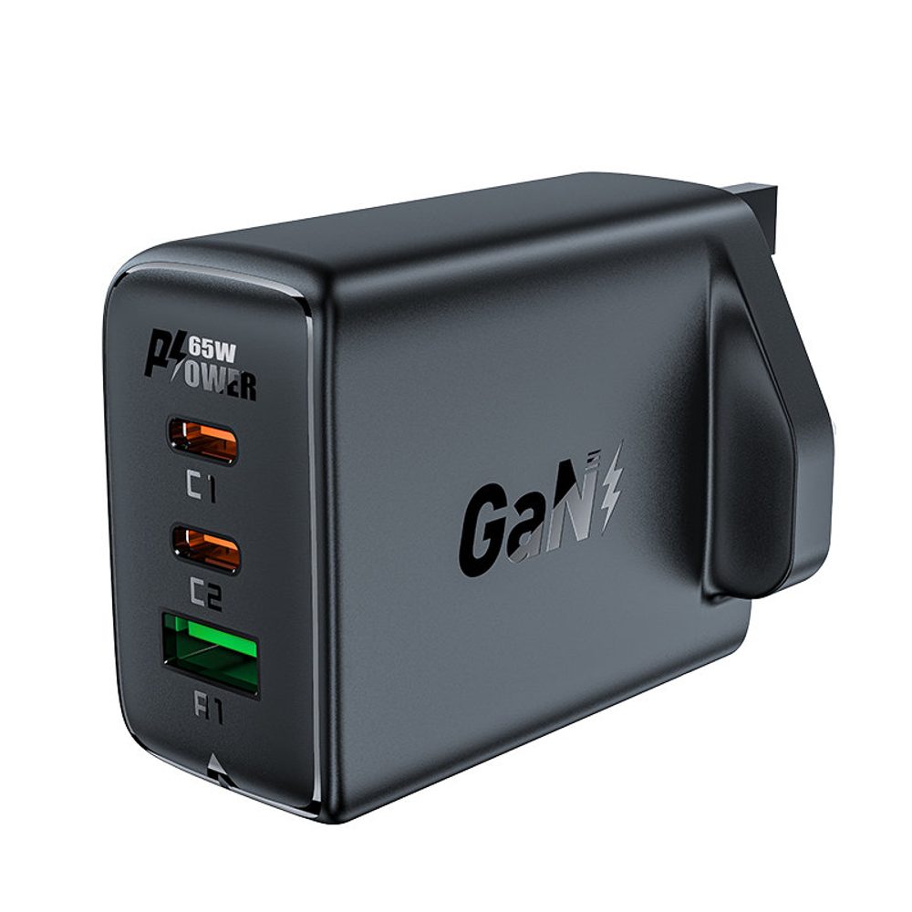 Acefast Töltő GaN 65W 3 Portos (1x USB, 2x USB-C PD) Brit Csatlakozó, Fekete (A44)