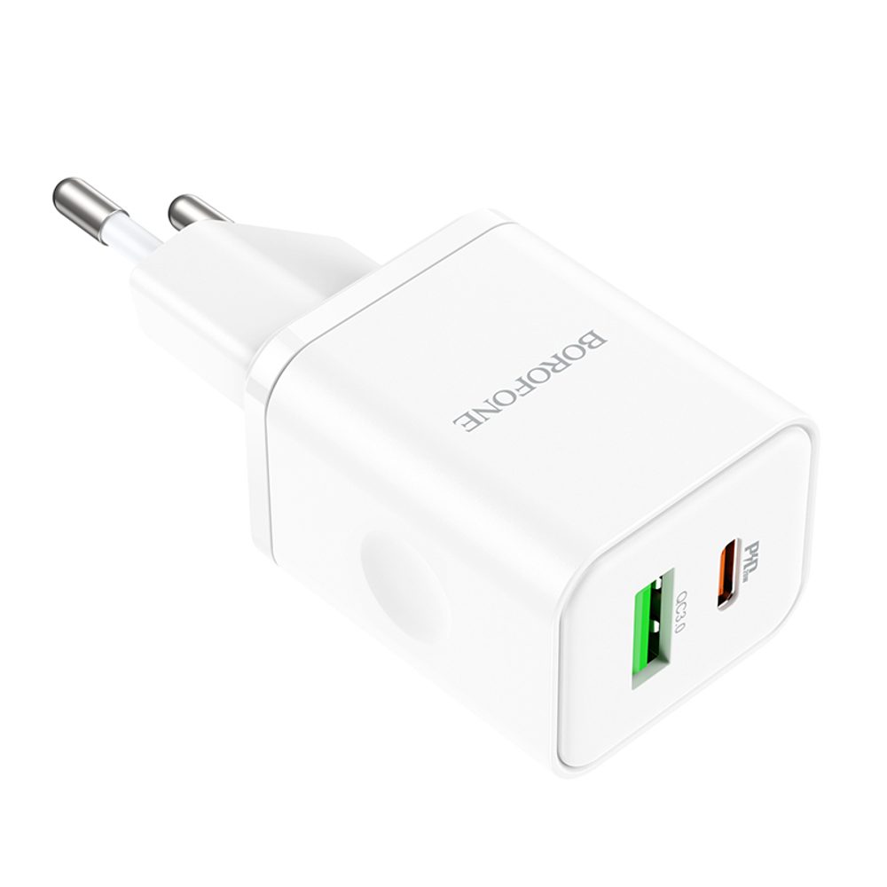 Borofone BN7 nabíjačka, USB + USB-C, QC 3.0, PD 20W, biela