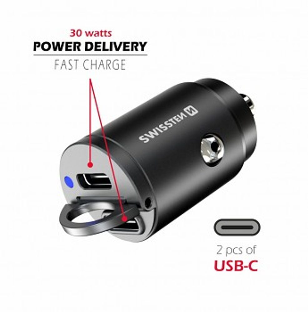 Swissten CL Adapter PD, 2x USB-C, 30W, Nano, Fekete