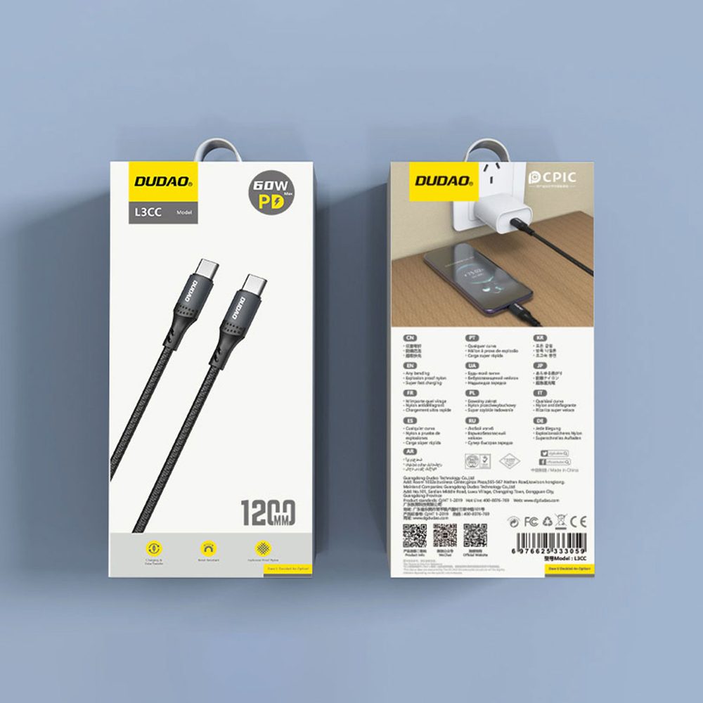 Dudao L3CC kábel USB-C - USB-C, 60W, 1,2m, čierny
