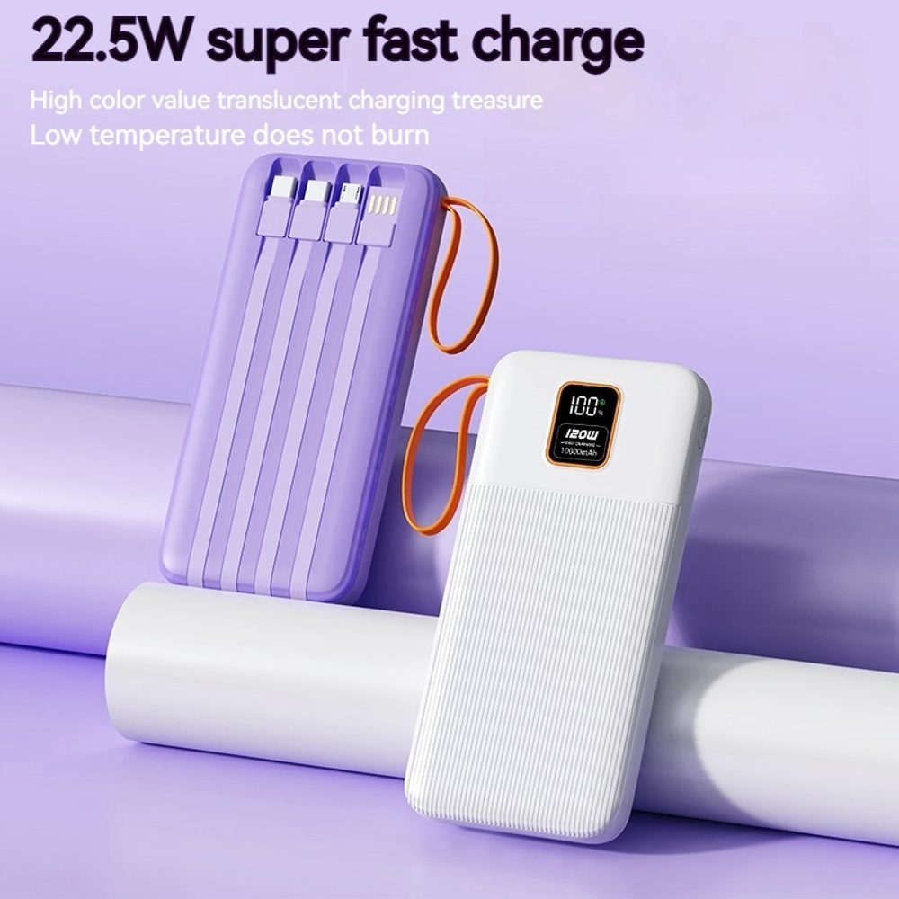Powerbanka 20000mAh so 4 vstavanými káblami, 2x USB-A, 1x USB-C, PD 22,5 W, QC 3.0, LED displej, čierna