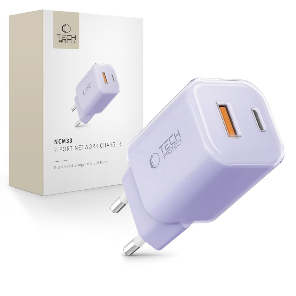 Levně Tech-Protect NCM33 2-portová síťová nabíječka PD 33W / QC3.0, světle fialová