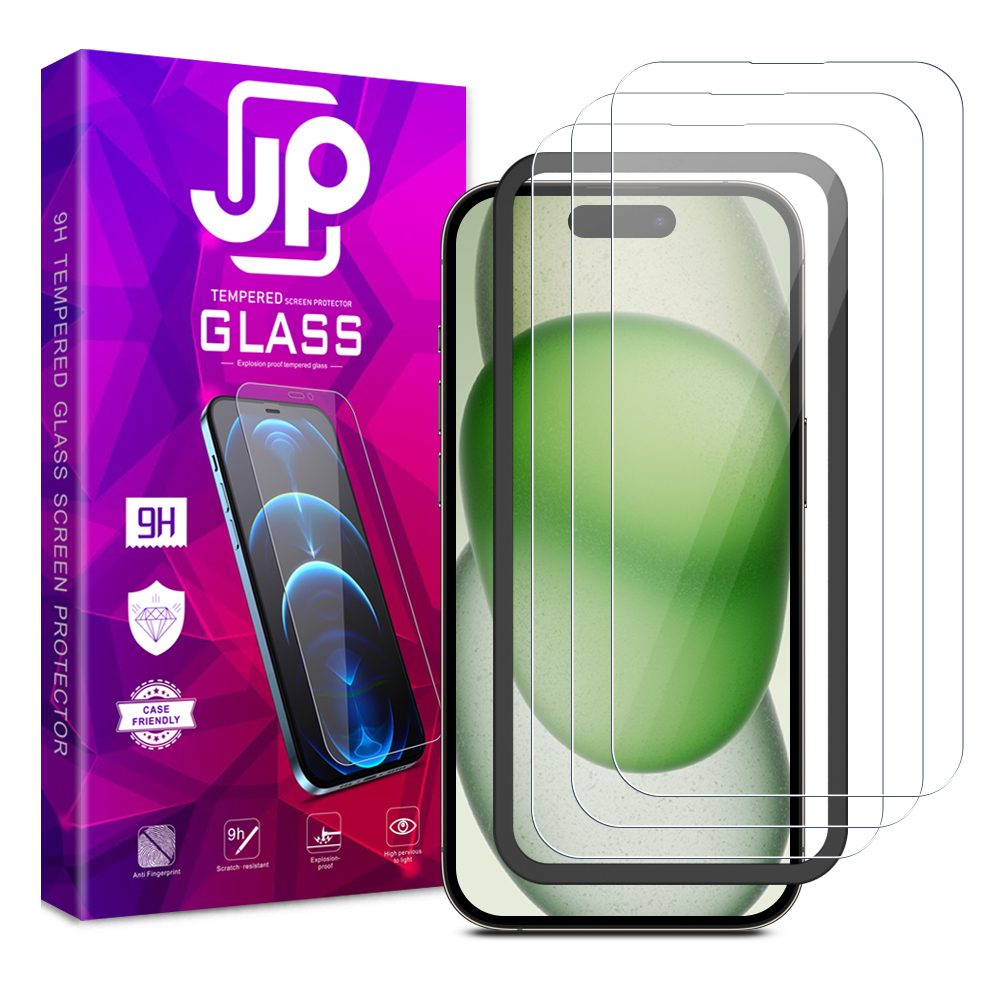 JP Long Pack Zaščitno Kaljeno Steklo, 3 Stekla Za Telefon Z Aplikatorjem, IPhone 15