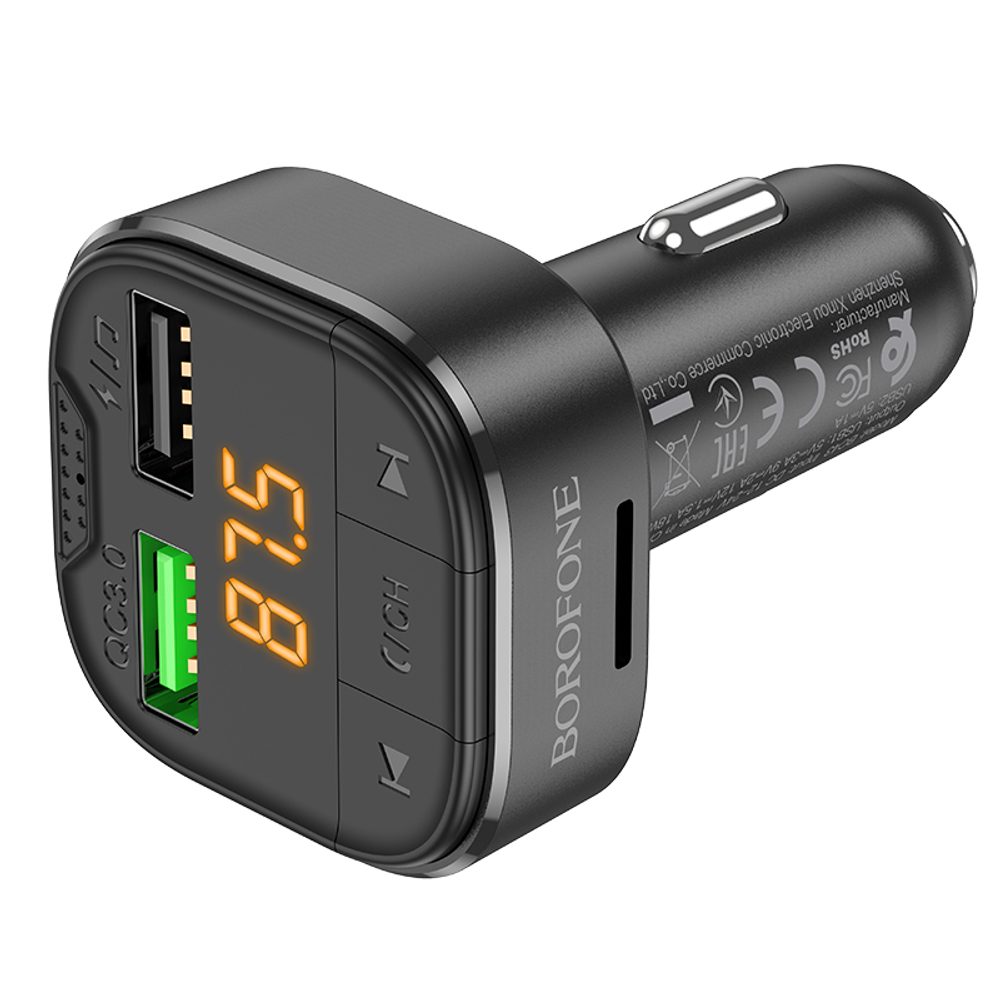 Borofone BC43 FM Oddajnik Flash MP3, Bluetooth, 2x USB + MicroSD, QC 3.0, 18W, črna