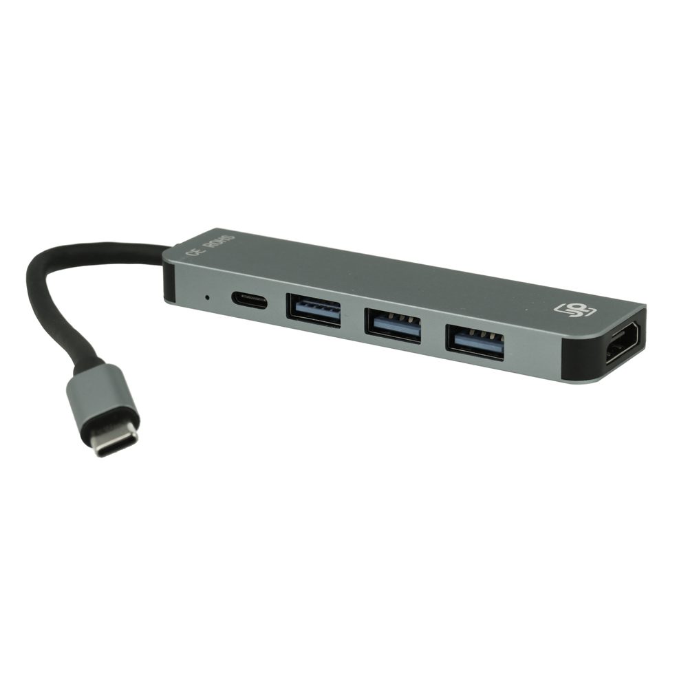 JP Hub 5v1, USB-C na HDMI / 3x USB 3.0 / USB-C, sivý