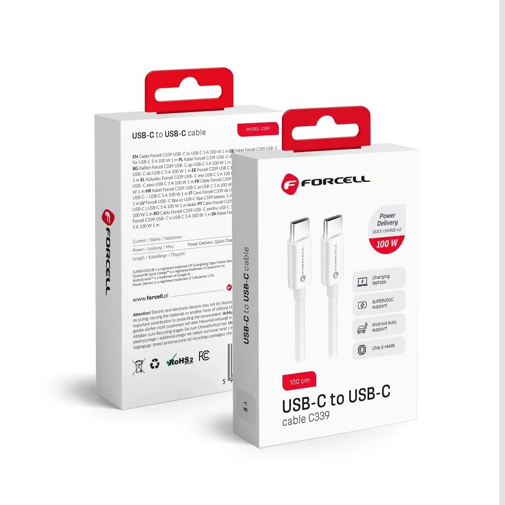 Forcell Kabel USB-C - USB-C, QC4.0, 5A/20V, PD100W, C339, 1 M, Bel