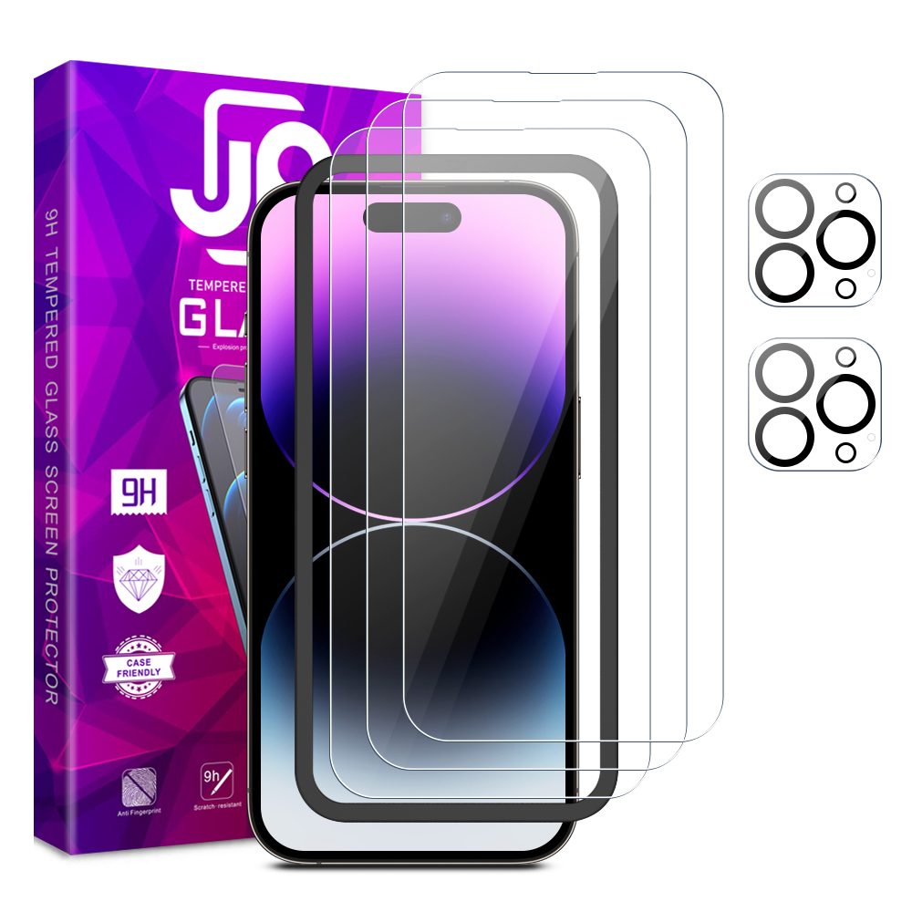 JP Mega Pack Tvrdených Skiel, 3 Sklá Na Telefón S Aplikátorom + 2 Sklá Na šošovku, IPhone 14 Pro