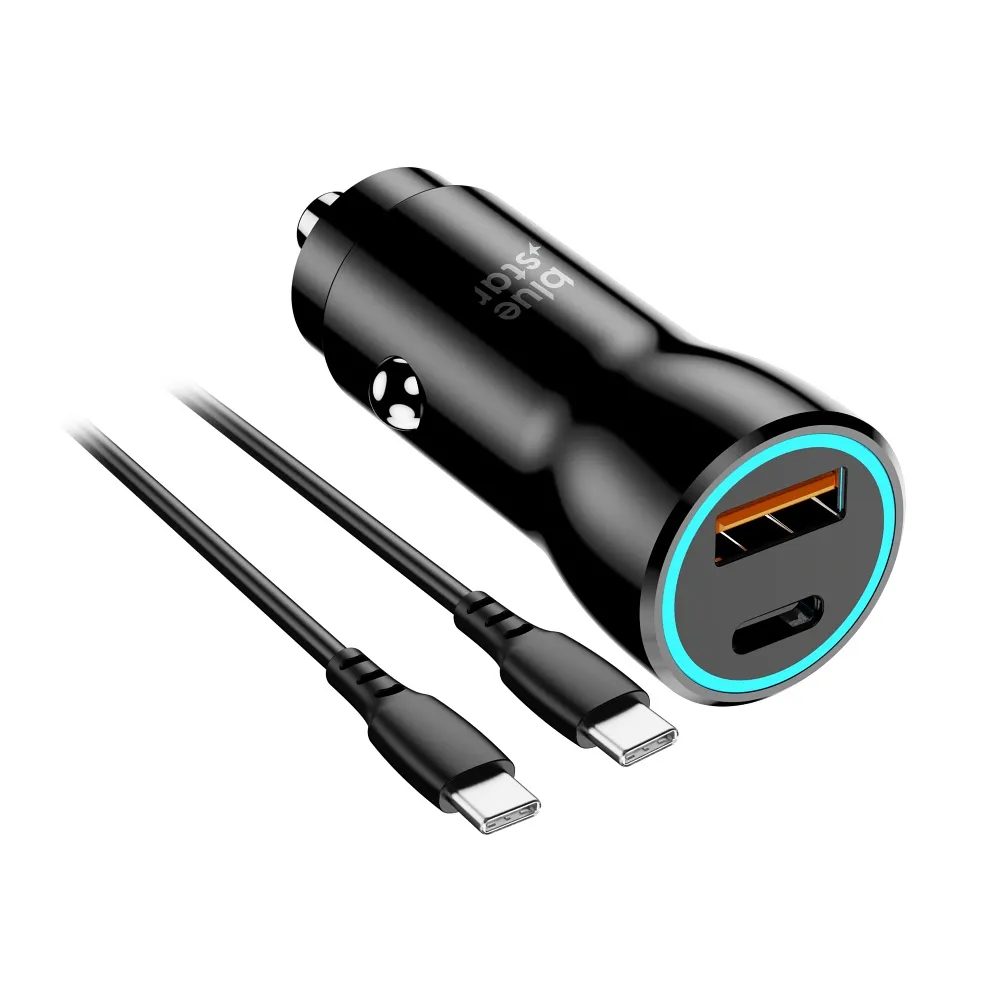 BlueStar autós töltő USB-C + USB-A + USB-C - USB-C kábel 3A 25W, PD, QC 3.0, AFC, PPS, fekete