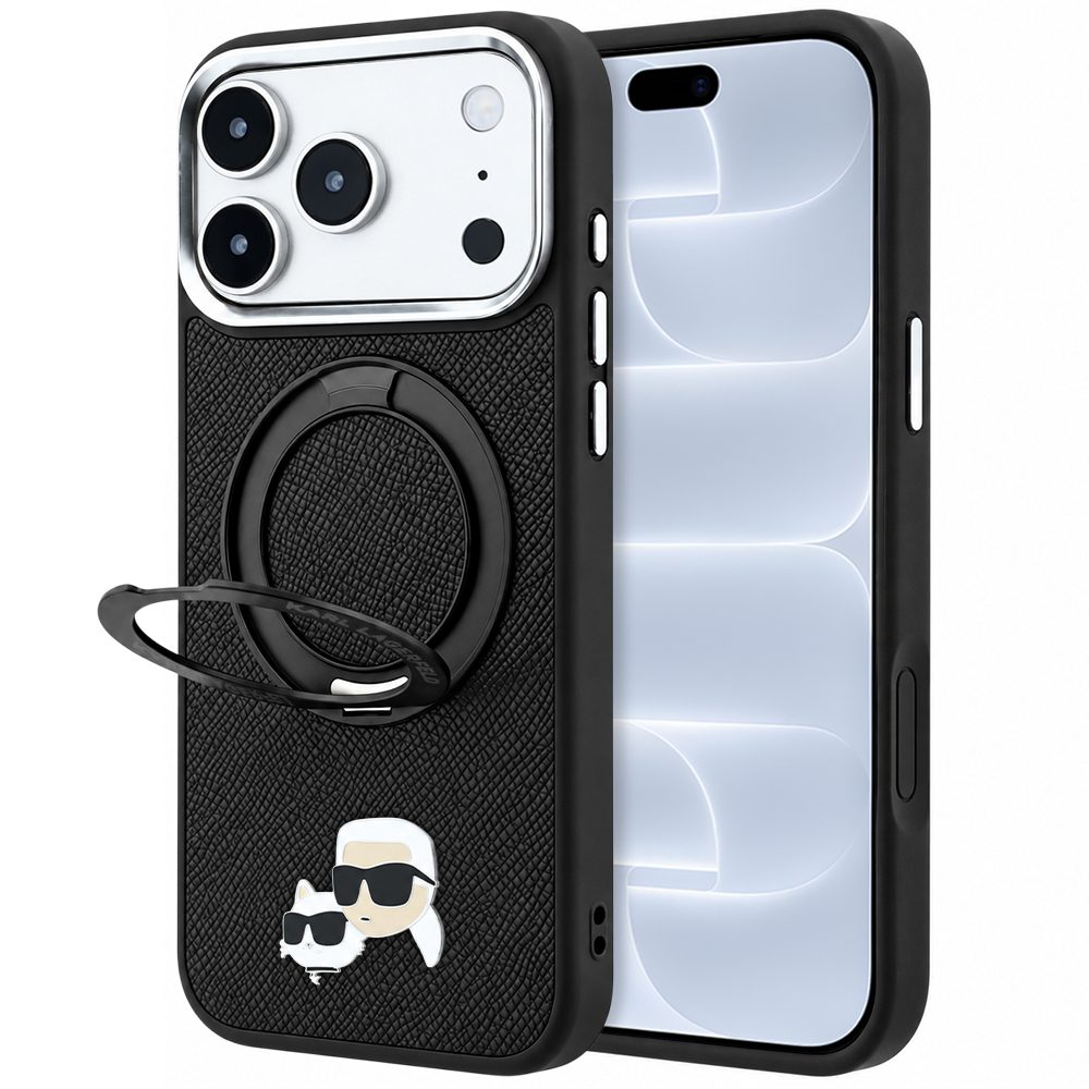 Karl Lagerfeld Leather Ring Stand 360 KC Pin MagSafe zaštitna maska, iPhone 17 Pro / 18 Pro, crna