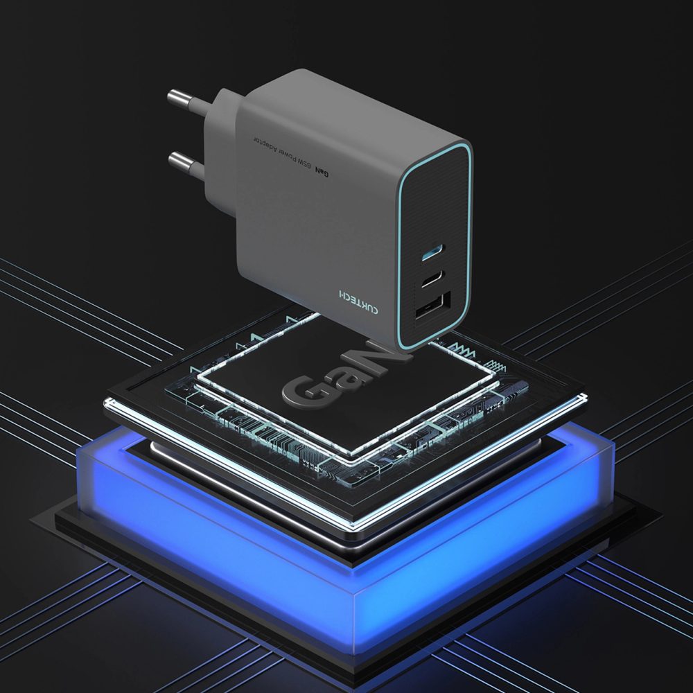 Cuktech CUKAD653EUGR nabíjačka, 2x USB-C + USB-A, 65W, GaN, sivá