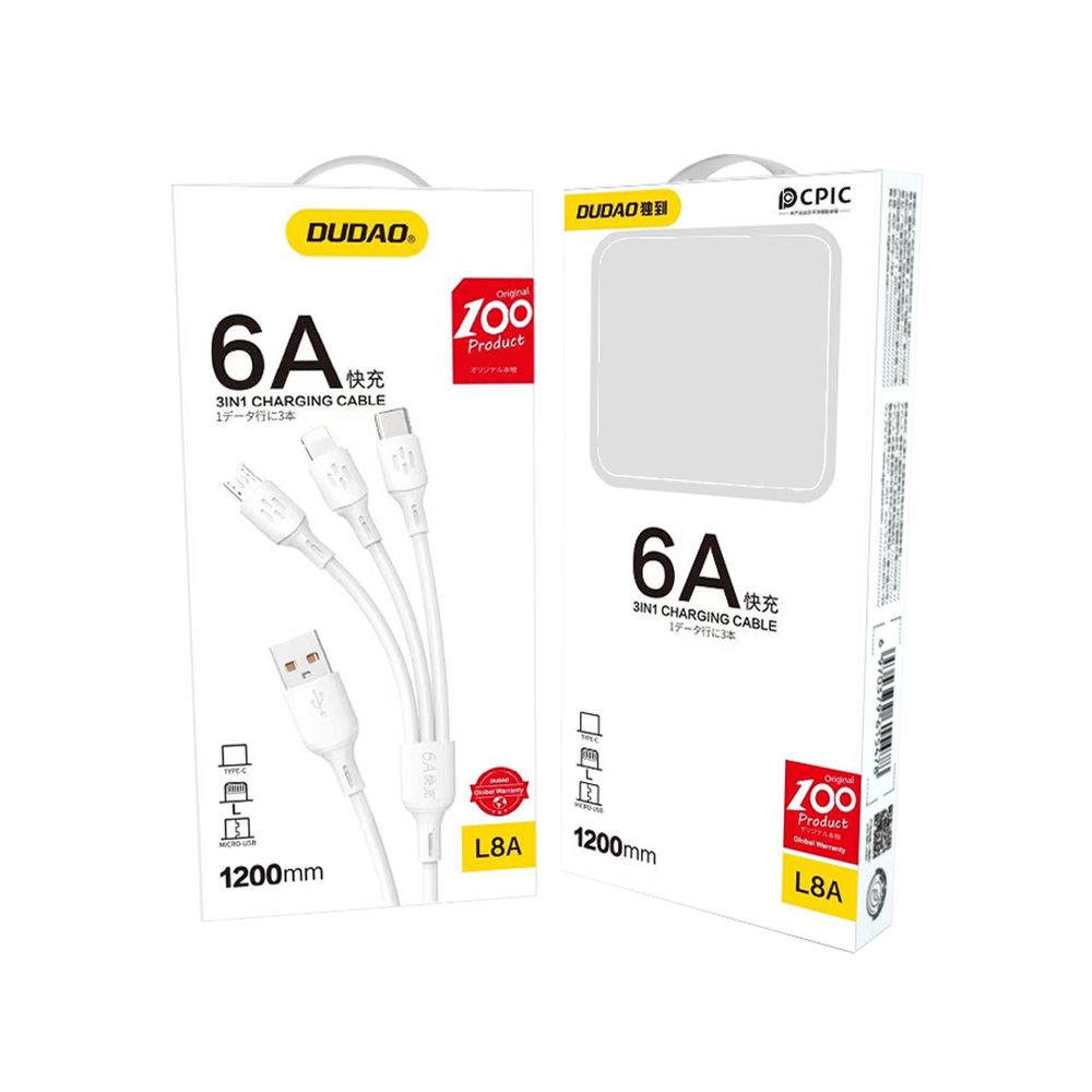 Dudao L8A 3v1 kábel USB-A - USB-C / microUSB / Lightning, 6 A 1,2 m, biely