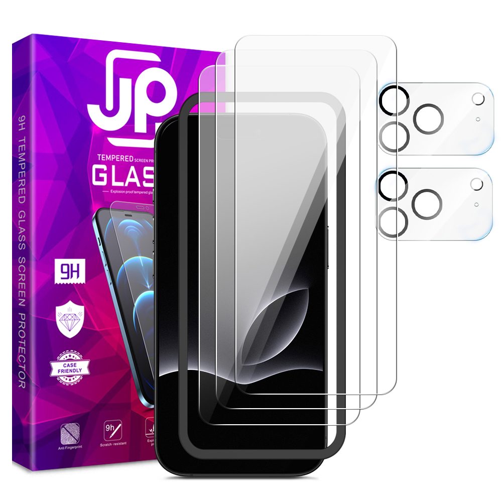 Levně JP Mega Pack Tvrzených skel, 3 skla na telefon s aplikátorem + 2 skla na čočku, iPhone 17 Pro