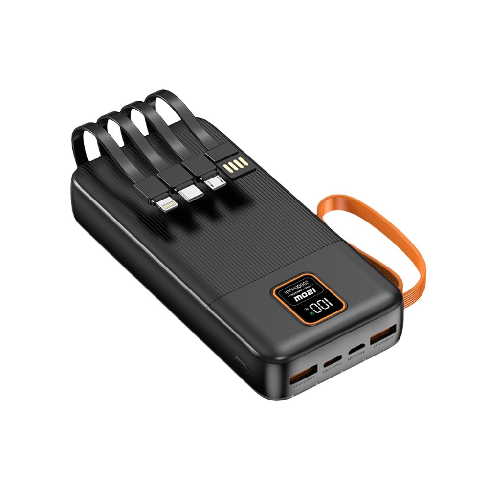 Levně Powerbanka 20000mAh se 4 vestavěnými kabely, 2x USB-A, 1x USB-C, PD 22,5W, QC 3.0, LED displej, černá