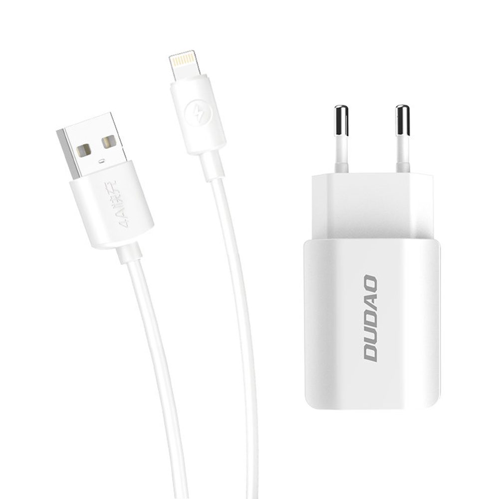 Dudao Töltő, 2x USB 5V / 2,4 A + Lightning Kábel, Fehér (A2EU + Lightning, Fehér)