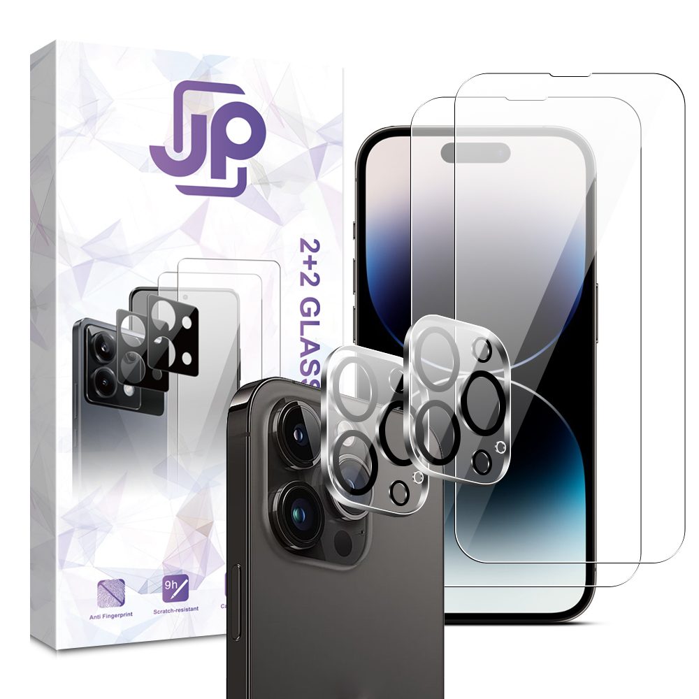 JP Combo pack, Sada 2 tvrzených skel a 2 sklíček na fotoaparát, iPhone 14 Pro
