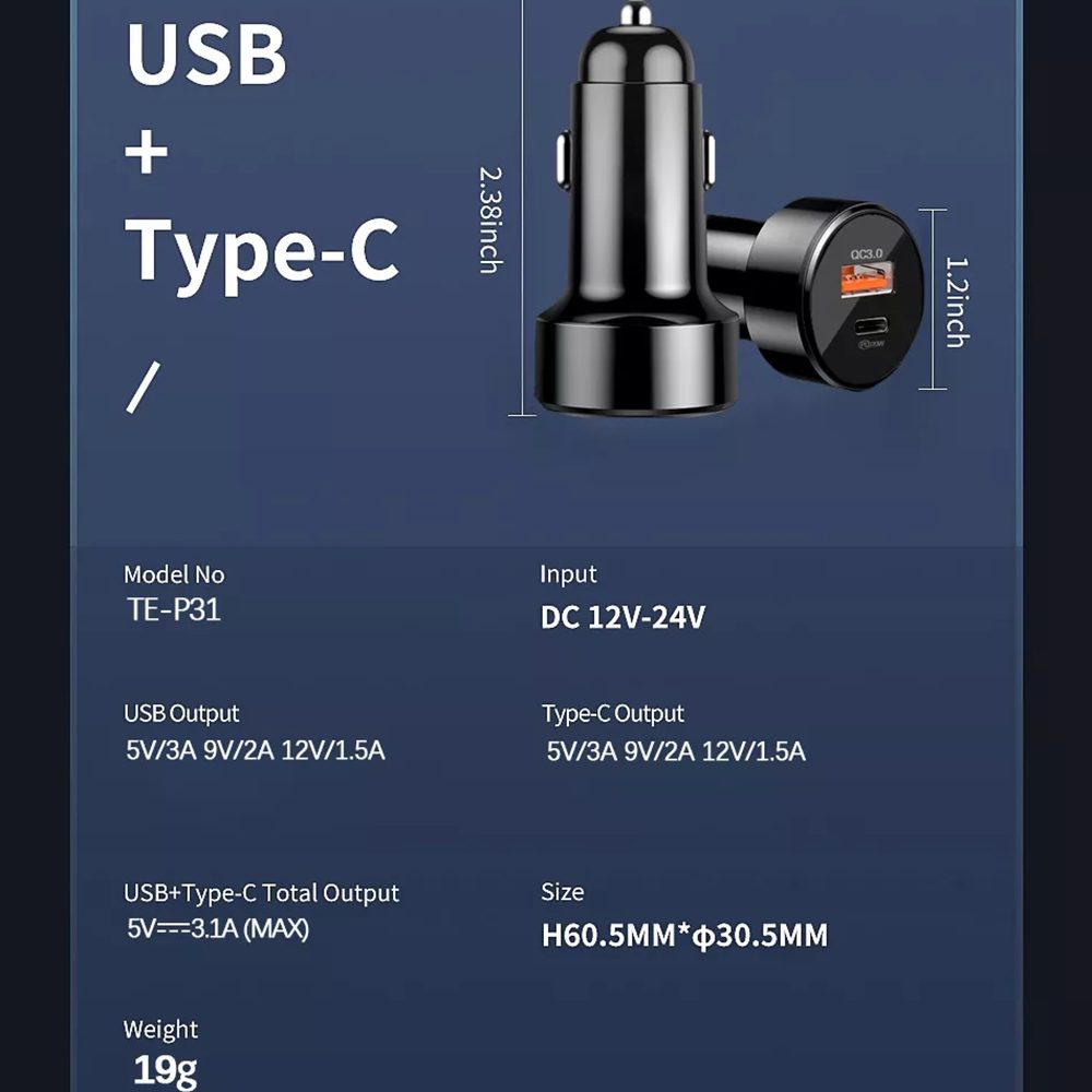 Techsuit Premium (CAPD028) Auto Punjač, USB-A, USB-C, QC 3.0, 38W, Crni