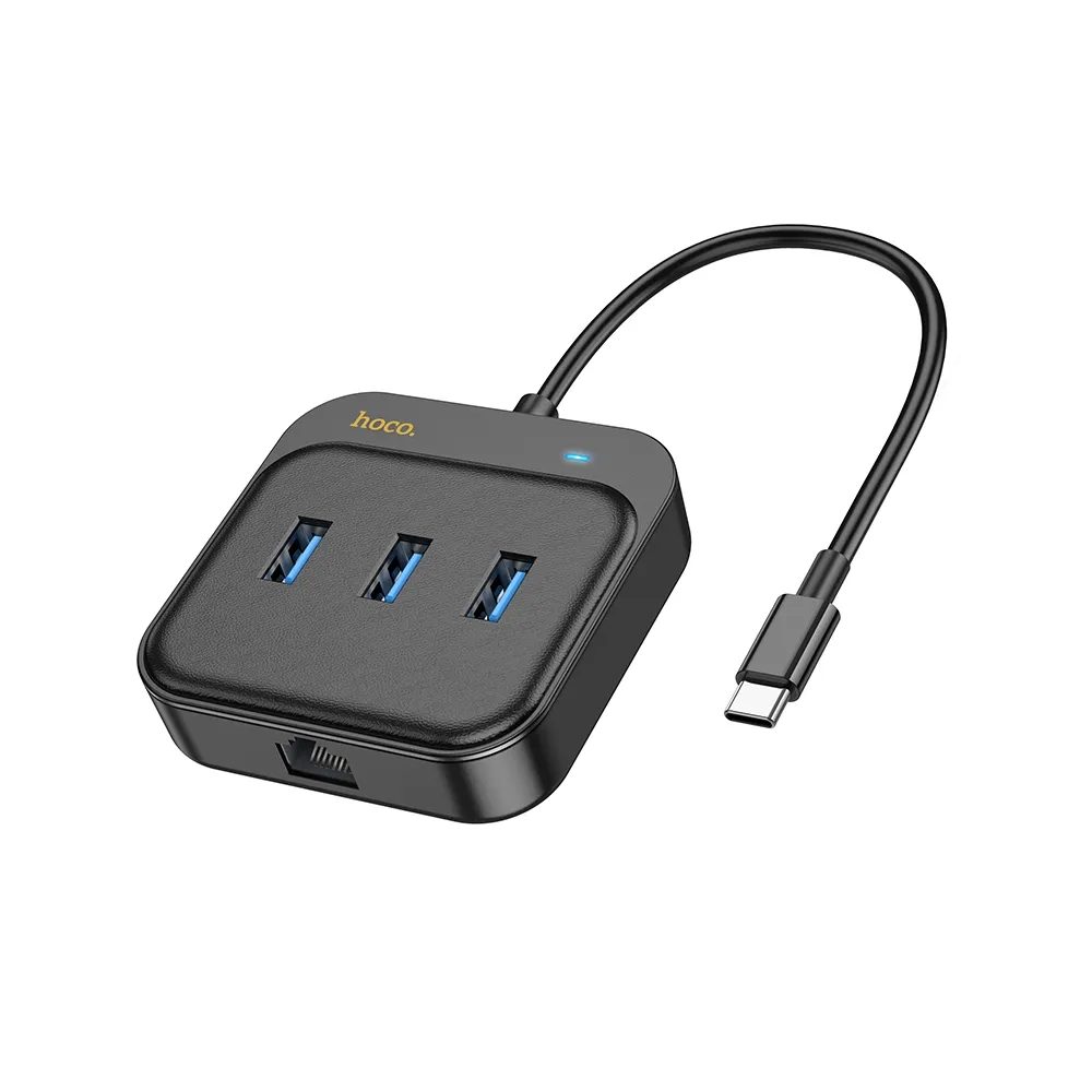 Hoco Adapter HUB 4 U 1 USB-C Na 3x USB3.0 + RJ45, Gigabit Ethernet, 0,2 M, Crni (HB35)