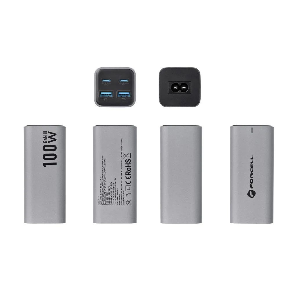 Forcell stolová nabíjačka 2x USB-C, 2x USB-A, 100 W, sivá