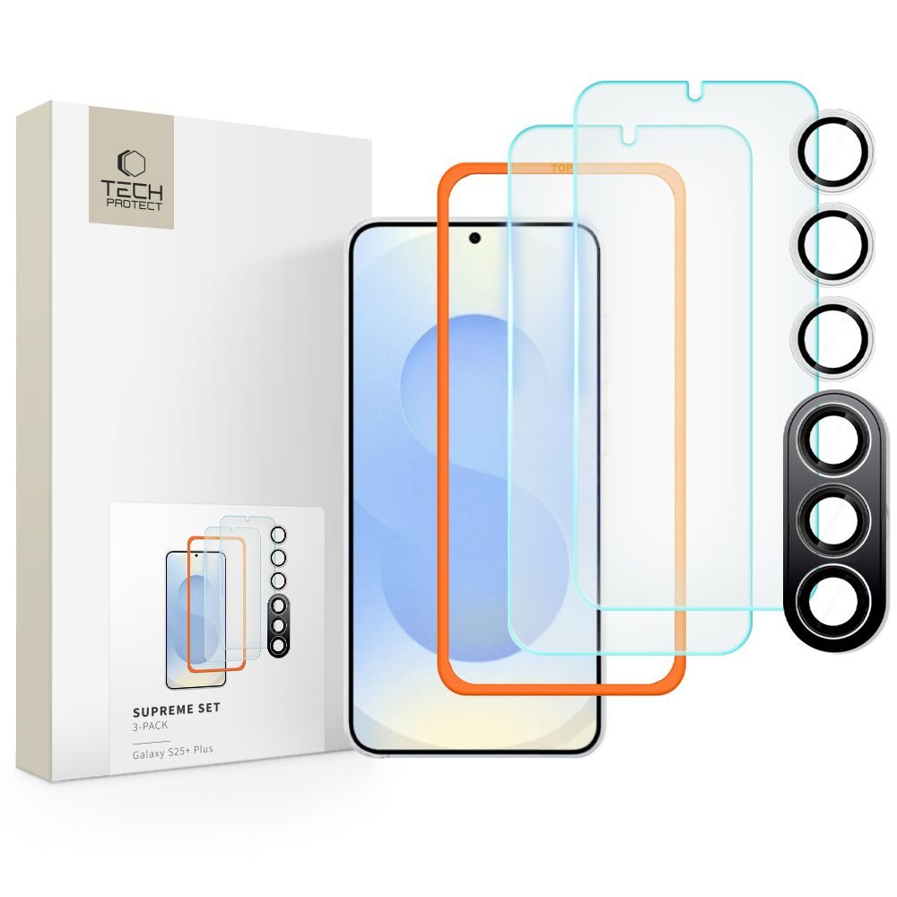 Tech-Protect Supreme készlet, 2 edzett üveg, applikátorral + lencse üveg, Samsung Galaxy S25 Plus