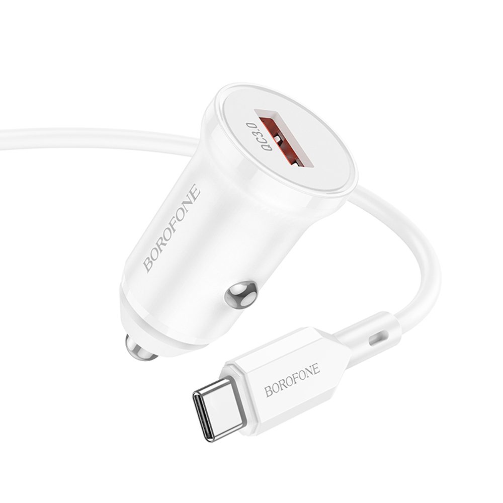 Borofone BZ18 Autós Töltő - USB - QC 3.0 18W USB-C Kábellel, Fehér