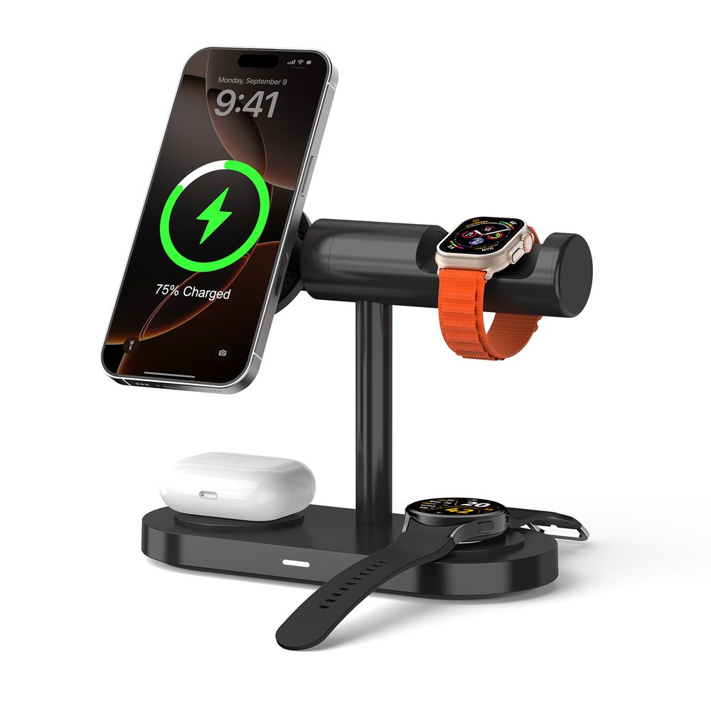 Stație de încărcare Qi2.2 MagSafe 5în1 cu răcire activă, 25W și rotație 360° pentru iPhone, Apple Watch, AirPods, Android, neagră