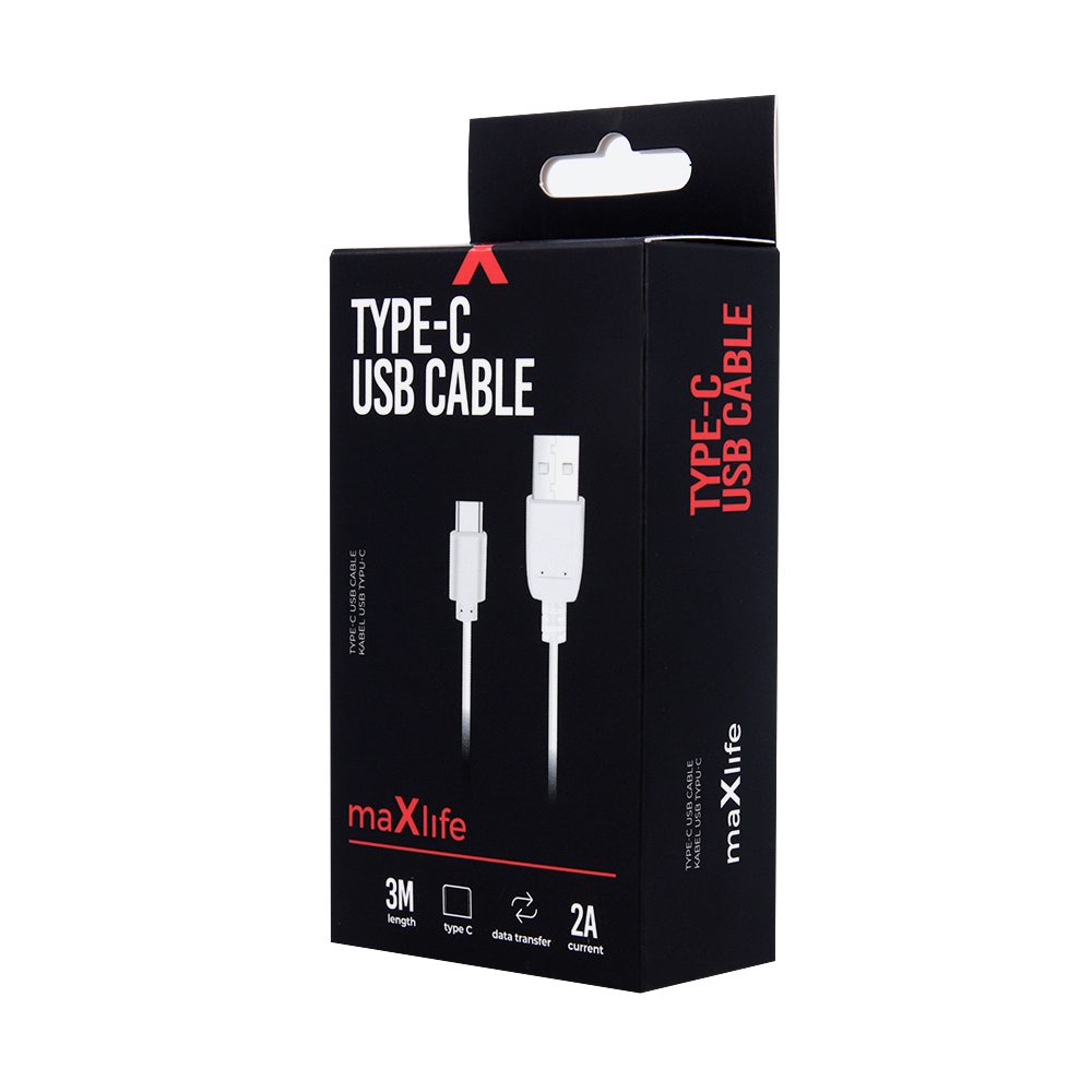 Maxlife Kabel USB - USB-C, 2A, 3m, Bílý