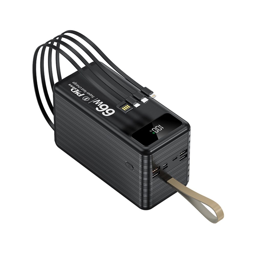 Powerbanka 100 000 mAh, PD66W, 2.1A, 4 integrované kabely + LED světlo, černá