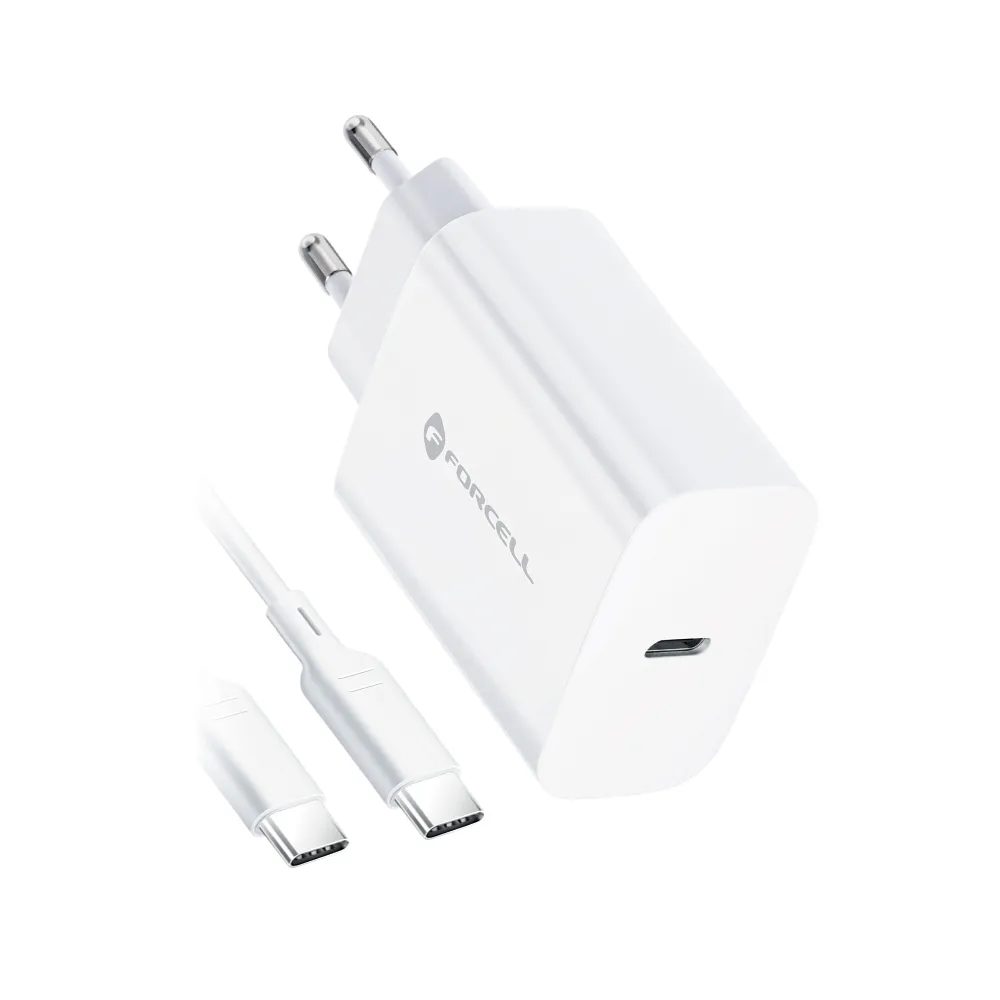 Forcell hálózati töltő USB-C csatlakozóval és USB-C kábellel, 3A, 25W, PD és QC 4.0 töltési funkcióval, 1 m