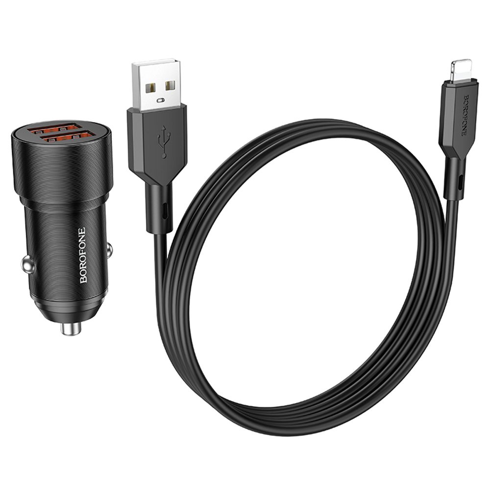 Borofone BZ19 Wisdom Autós Töltő, 2x USB, 12W, USB - Lightning Kábellel, Fekete Színű