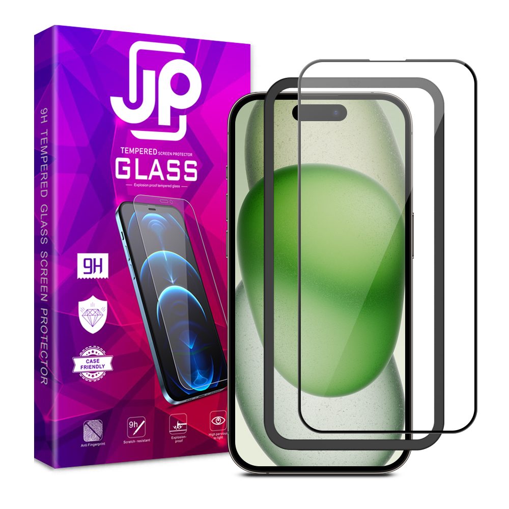 JP 3D Steklo Z Okvirjem Za Namestitev, IPhone 15, črno
