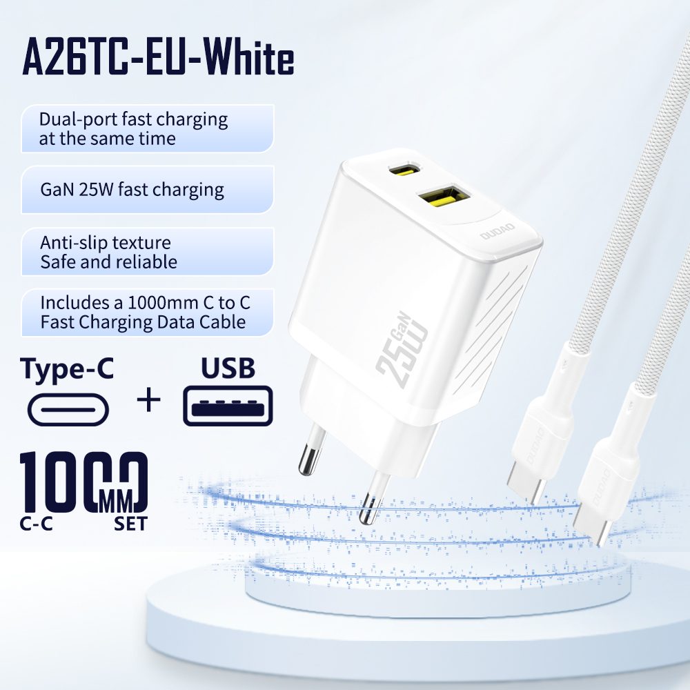 Dudao A26TCEU nabíjačka USB-A + USB-C s USB-C káblom, PD QC 25W GaN, biela