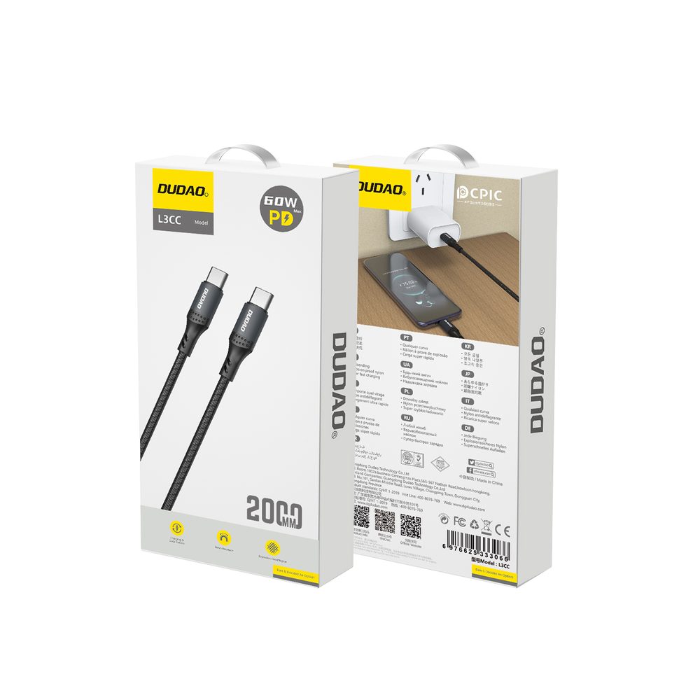 Dudao L3CC kábel USB-C - USB-C, 60W, 2 m, čierny