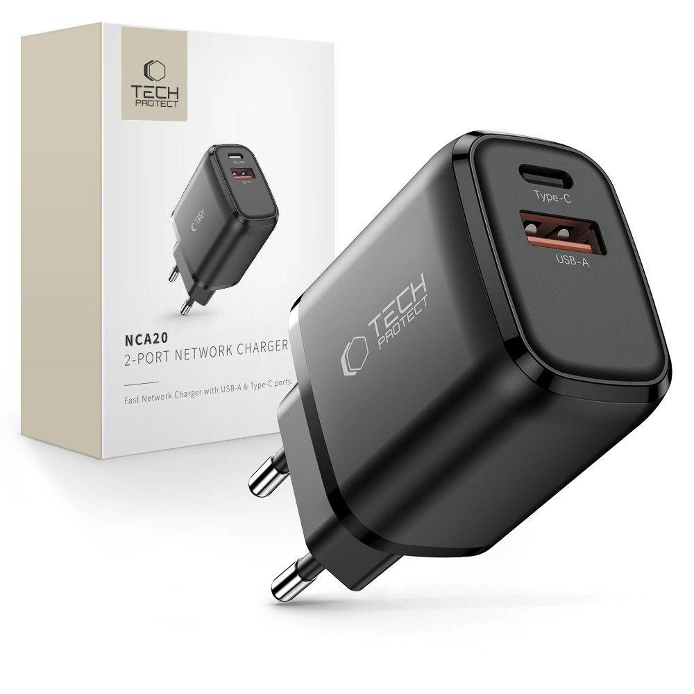 Tech-Protect NCA20 2 portos hálózati töltő PD 20W / QC3.0, fekete