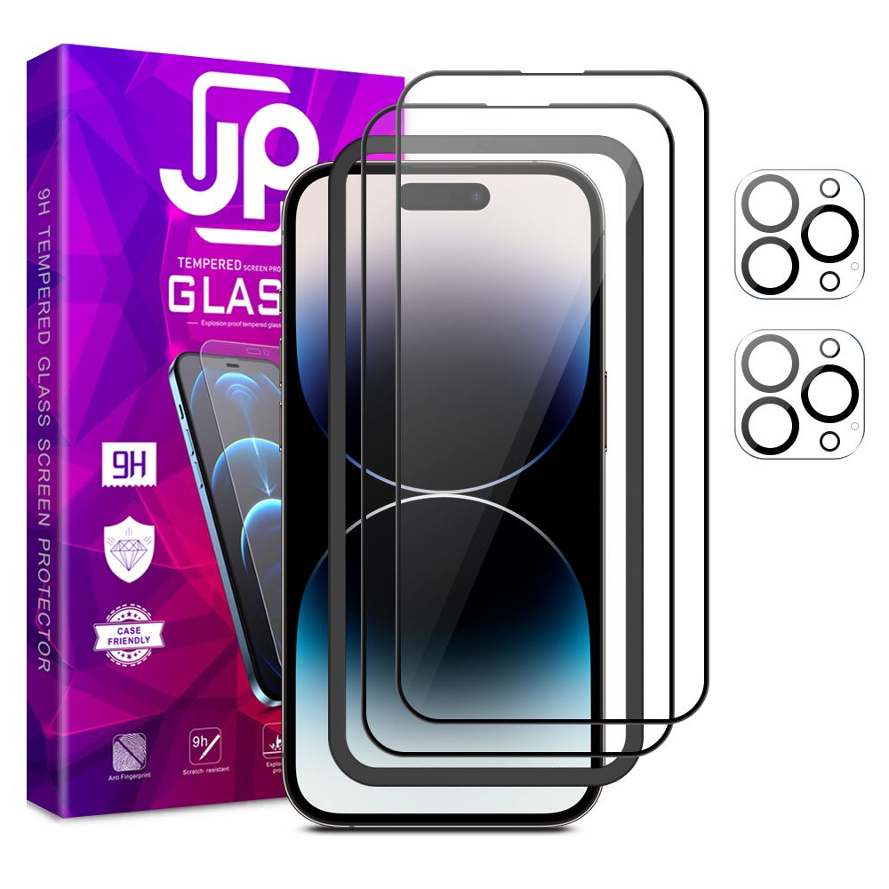 JP Full Pack Tvrdených Skiel, 2x 3D Sklo S Aplikátorom + 2x Sklo Na šošovku, IPhone 14 Pro MAX