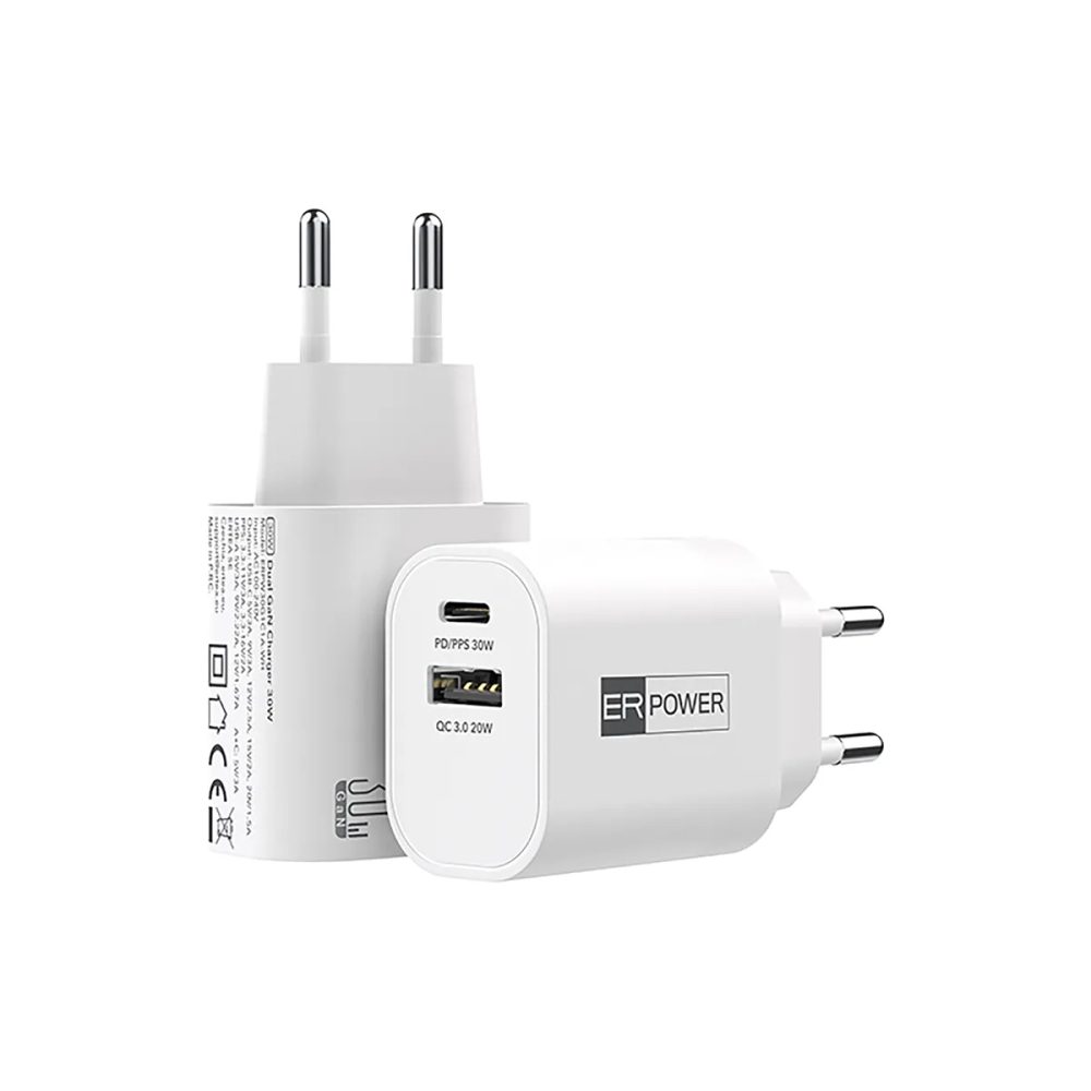 Levně ER POWER Duální GaN nabíječka USB-C + USB-A, 30W, bílá