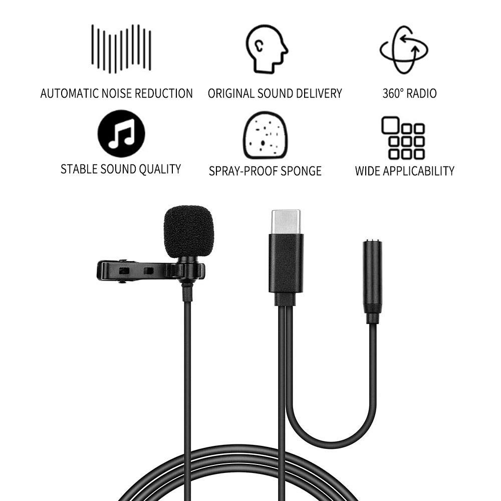 Techsuit žični Klopni Mikrofon WL1, USB-C, ženski Priključek 3,5 Mm, Zmanjševanje šuma, Kovinska Sponka, črna