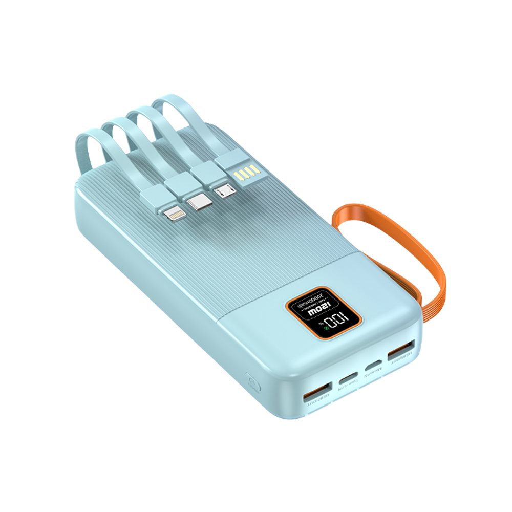 Levně Powerbanka 20000mAh se 4 vestavěnými kabely, 2x USB-A, 1x USB-C, PD 22,5W, QC 3.0, LED displej, modrá