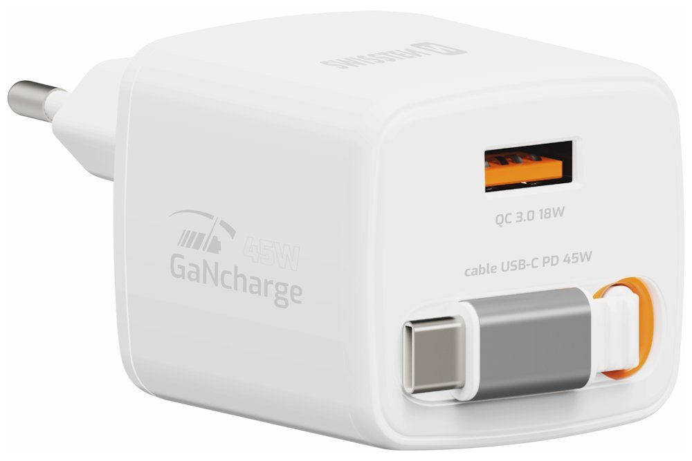 Swissten SlideCharge adaptor cu cablu USB-C retractabil GaN 45W, 1x USB-A 18W, alb