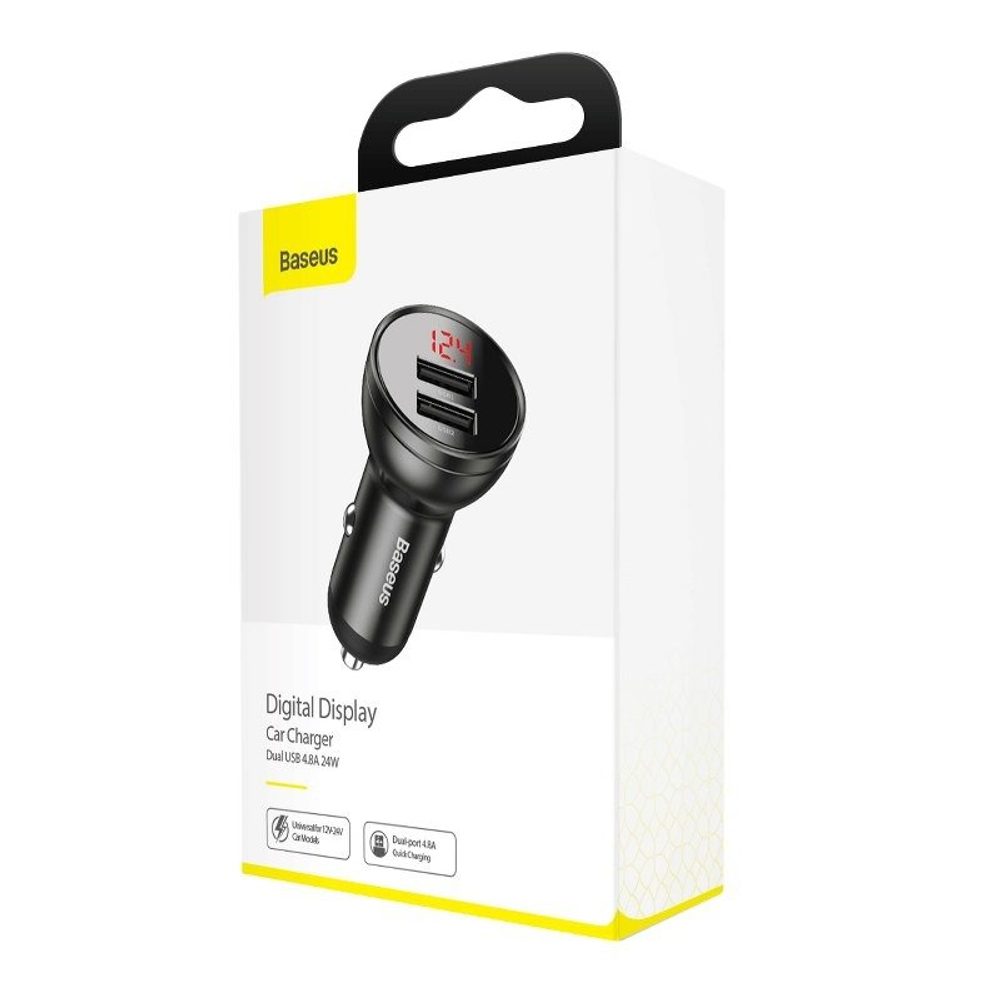 Încărcător Auto Baseus, Cu Afișaj Digital, 2x USB 4,8A, 24W, Gri