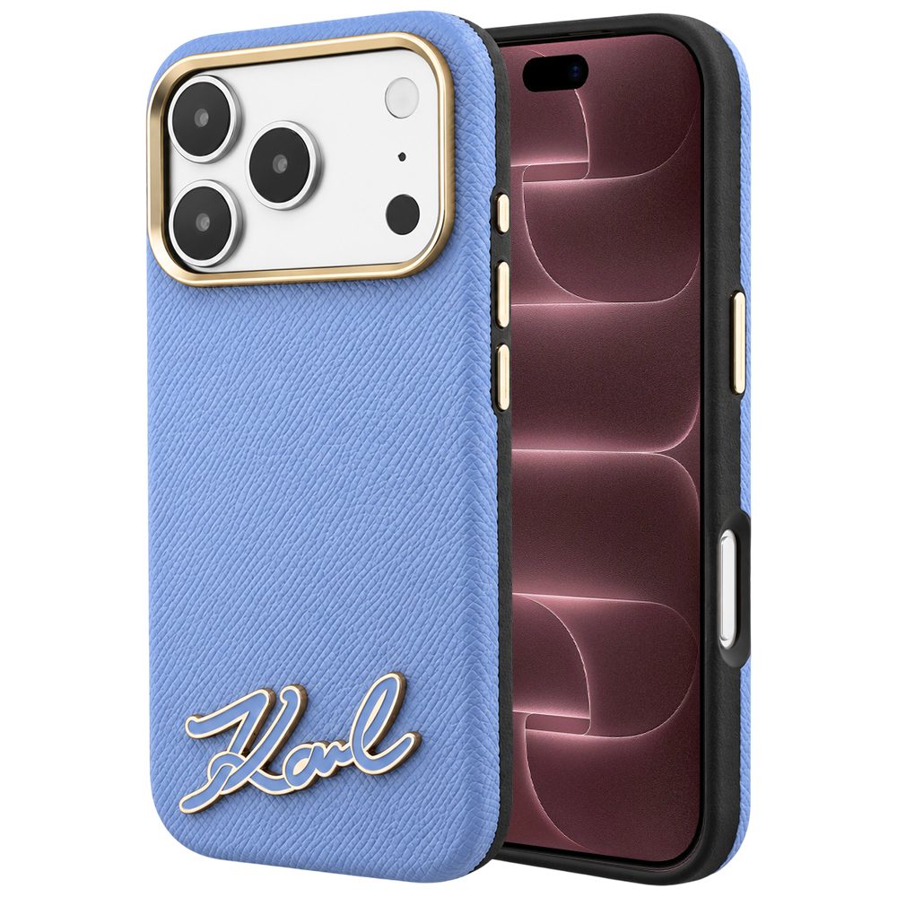 Karl Lagerfeld Grained Leather Resin Sign Logo MagSafe, husă de protecție, iPhone 17 Pro Max / 18 Pro Max, albastru
